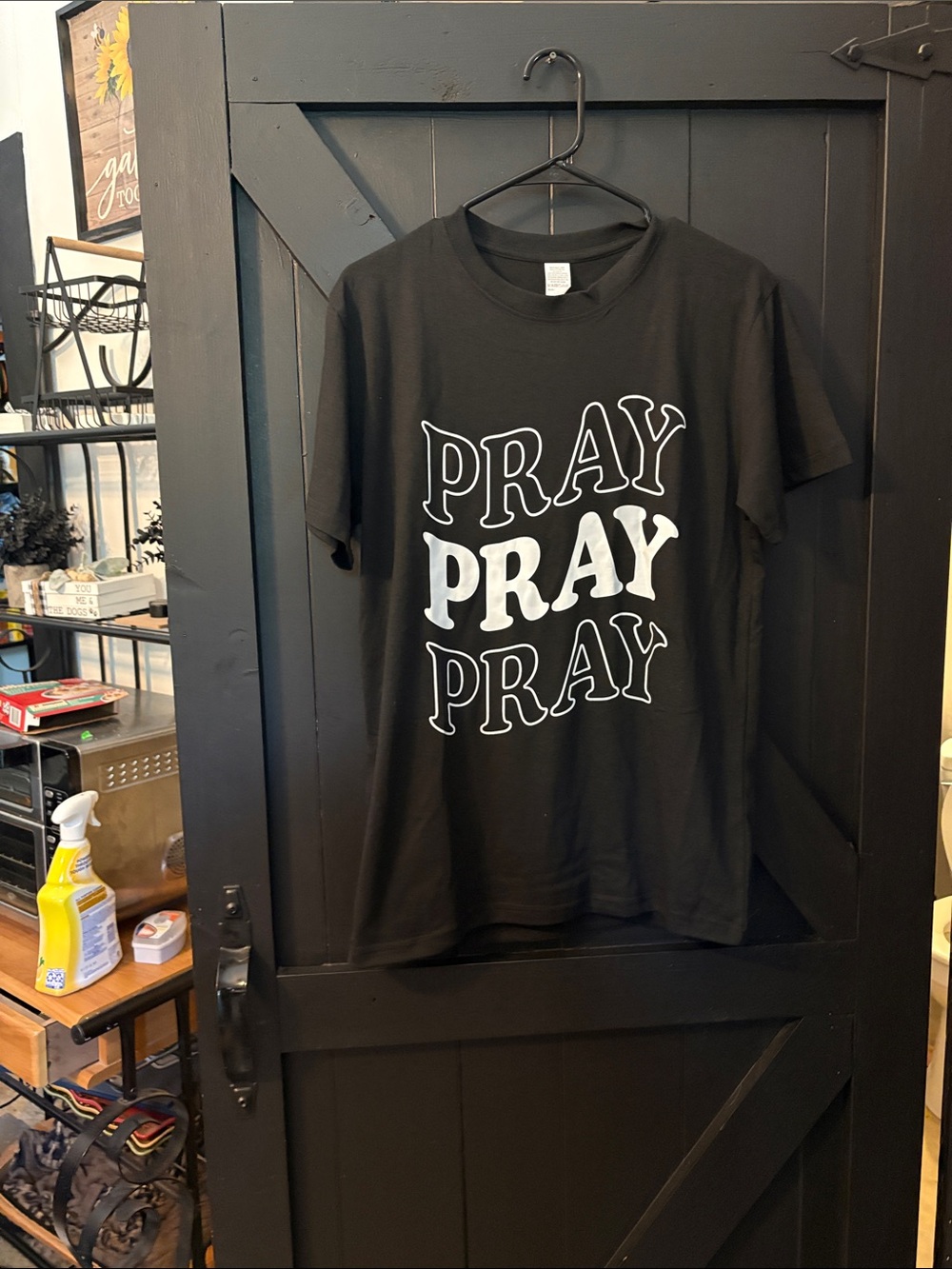 Gildan Black Short Sleeve Tee with White 'PRAY' Triple Graphic